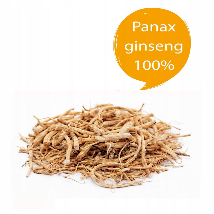 Packung mit 100% Panax Ginsengwurzeln auf weißem Hintergrund, natürliche Energiequelle, frei von Zusatzstoffen.