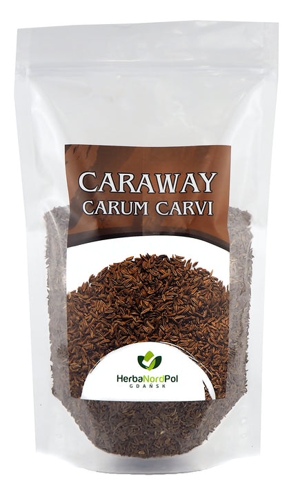 Produktbild eines Beutels mit Kümmelsamen (Carum carvi) von HerbaNordPol. Die Packung ist transparent, sodass die Qualität der dunkelbraunen Samen sichtbar ist.